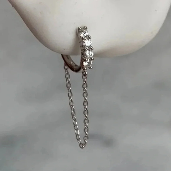 Crystal Huggie Hoop Chain Silver Earrings - Picture 2 of 4